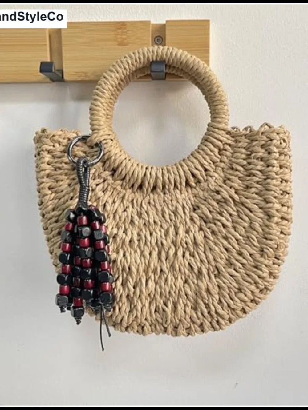 Handmade Natural Wood Beaded Bag Charm Keychain